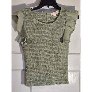 Sweet Generis Olive Green Gingham Smocked Ruffle Sleeve Blouse Top Medium